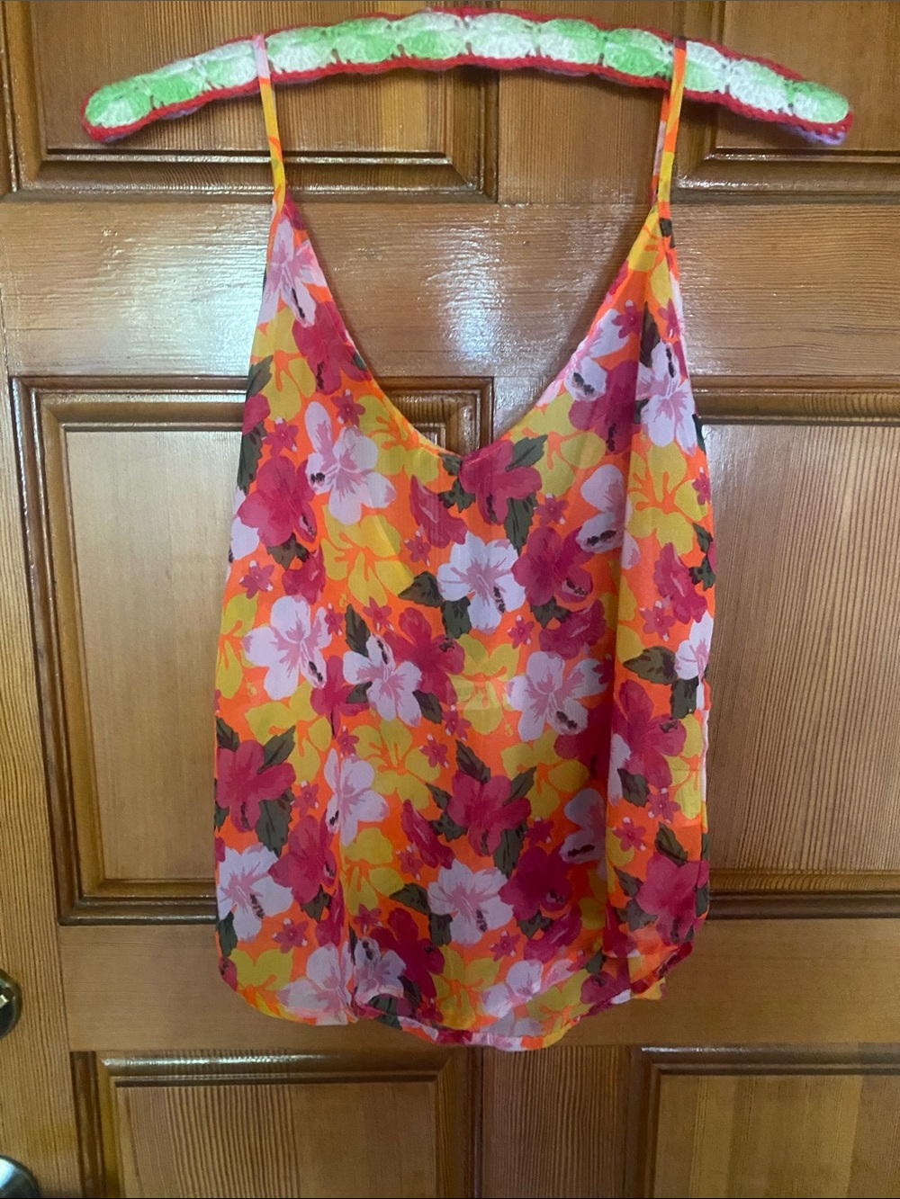 Colorful Hawaiian type sheer tank 
Low back.